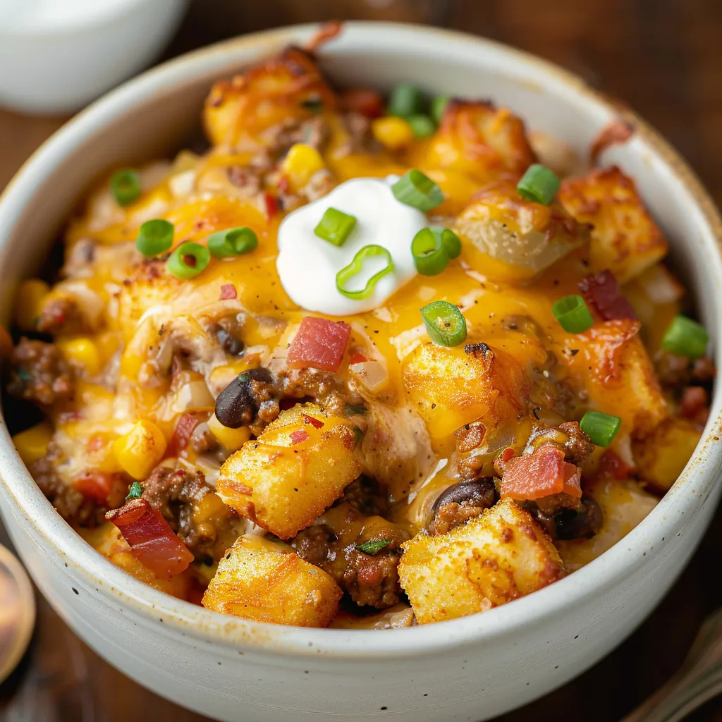 A hearty baked dish topped with a dollop of sour cream.