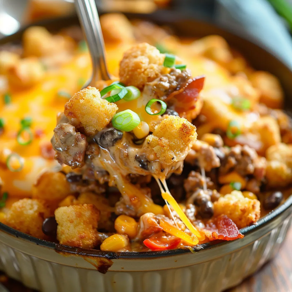 A delicious meal of chili cheese and tater tots in a bowl.