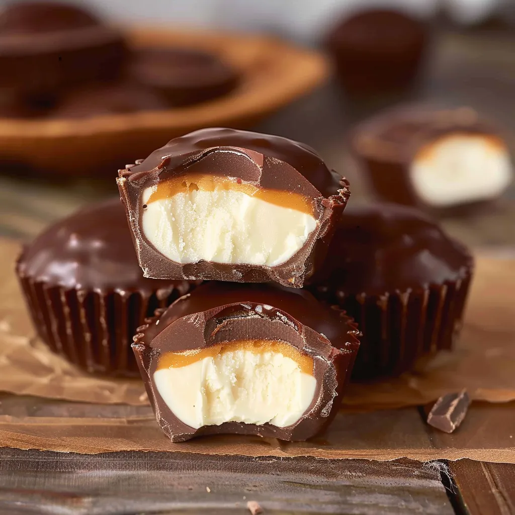 A chocolate dessert with creamy filling and orange topping.