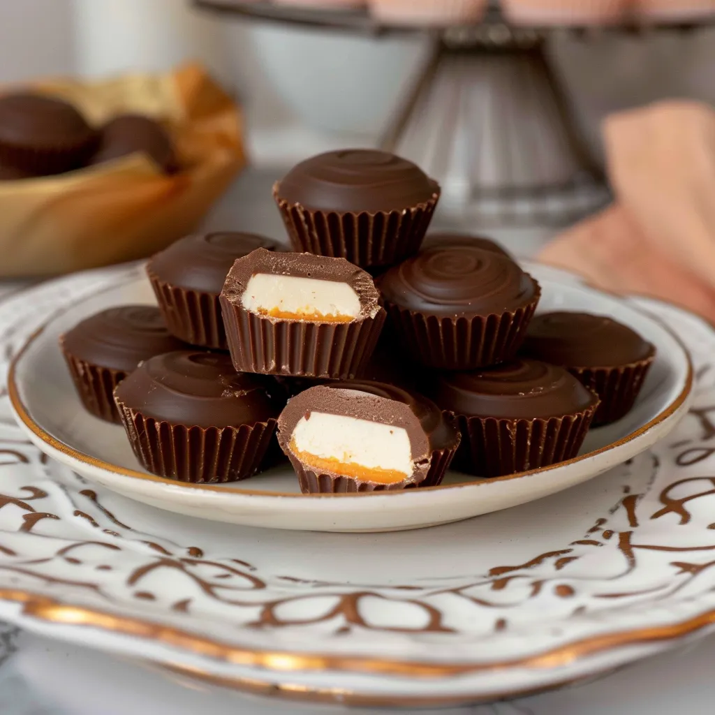 A plate full of chocolate candies with cream filling.