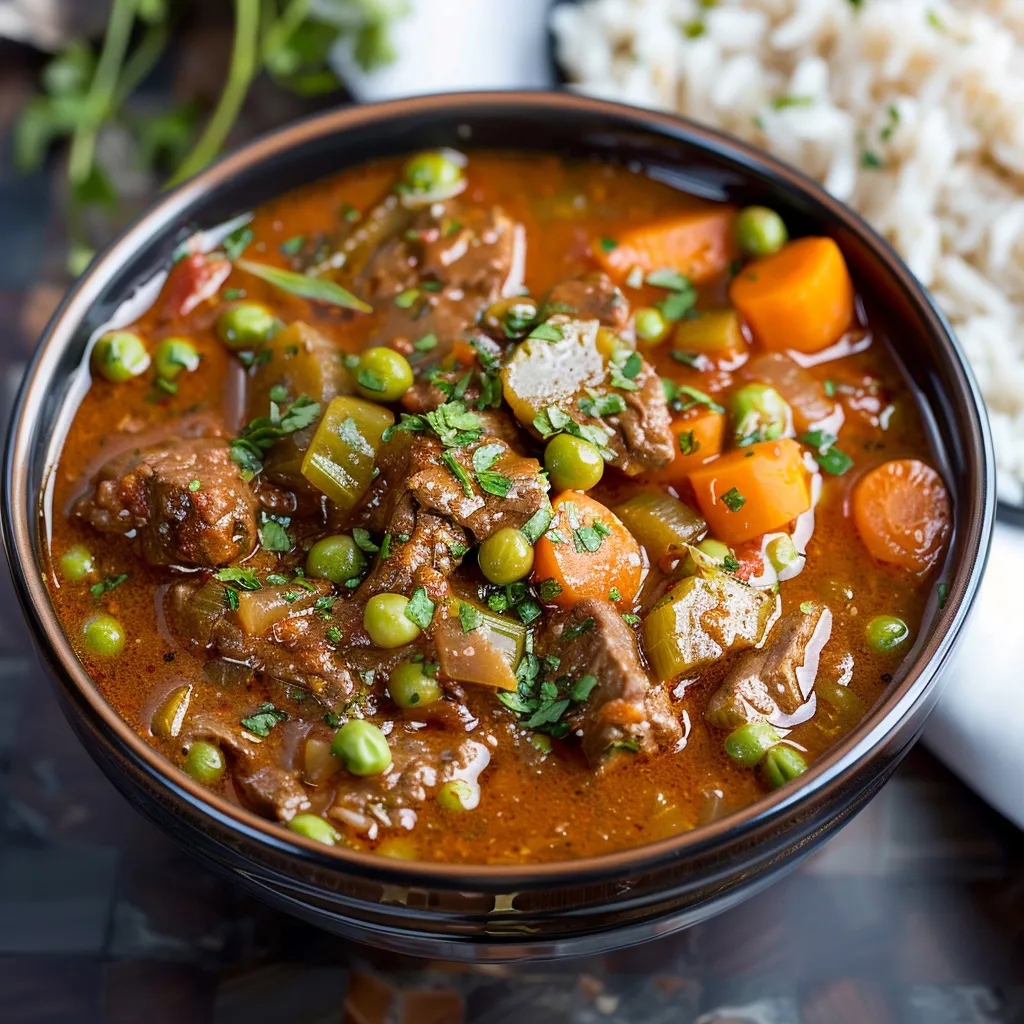 A bowl of beef stew with peas and carrots.