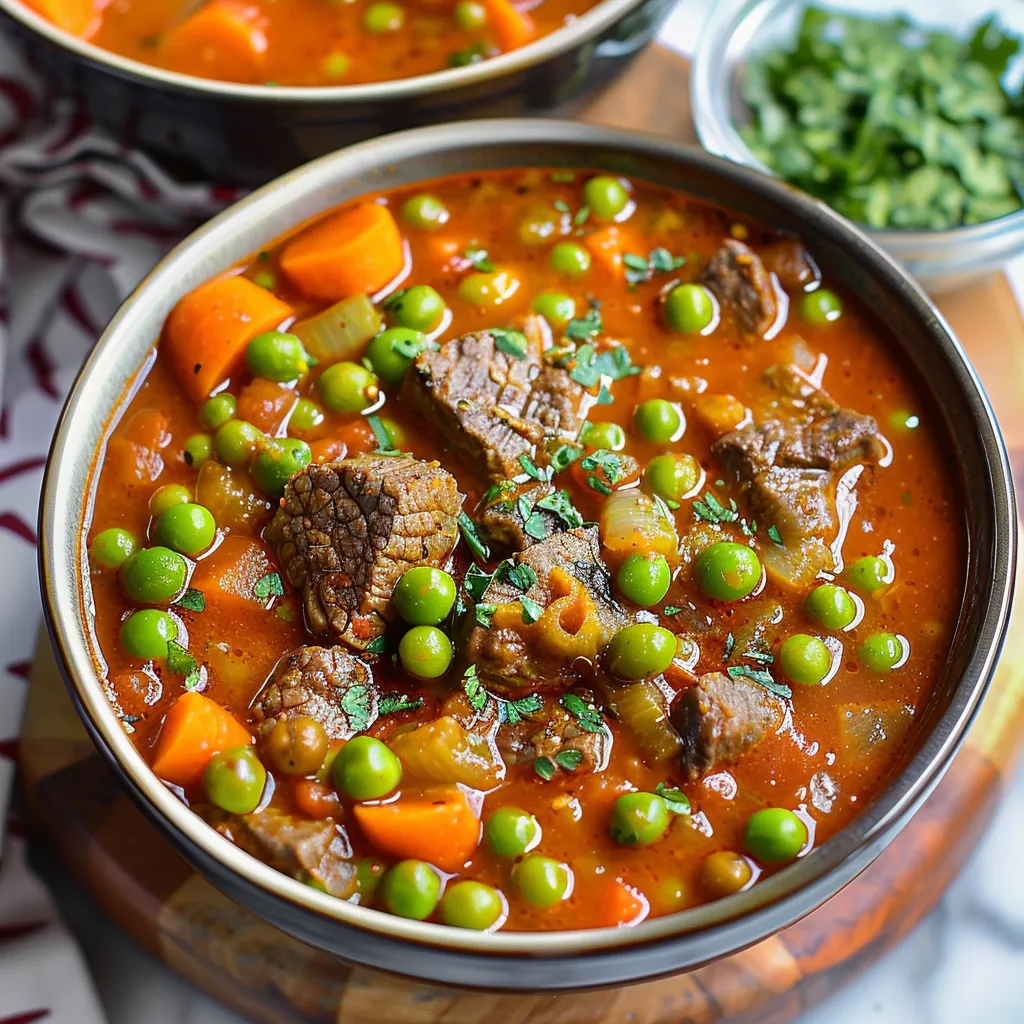 A bowl of soup with meat and peas.