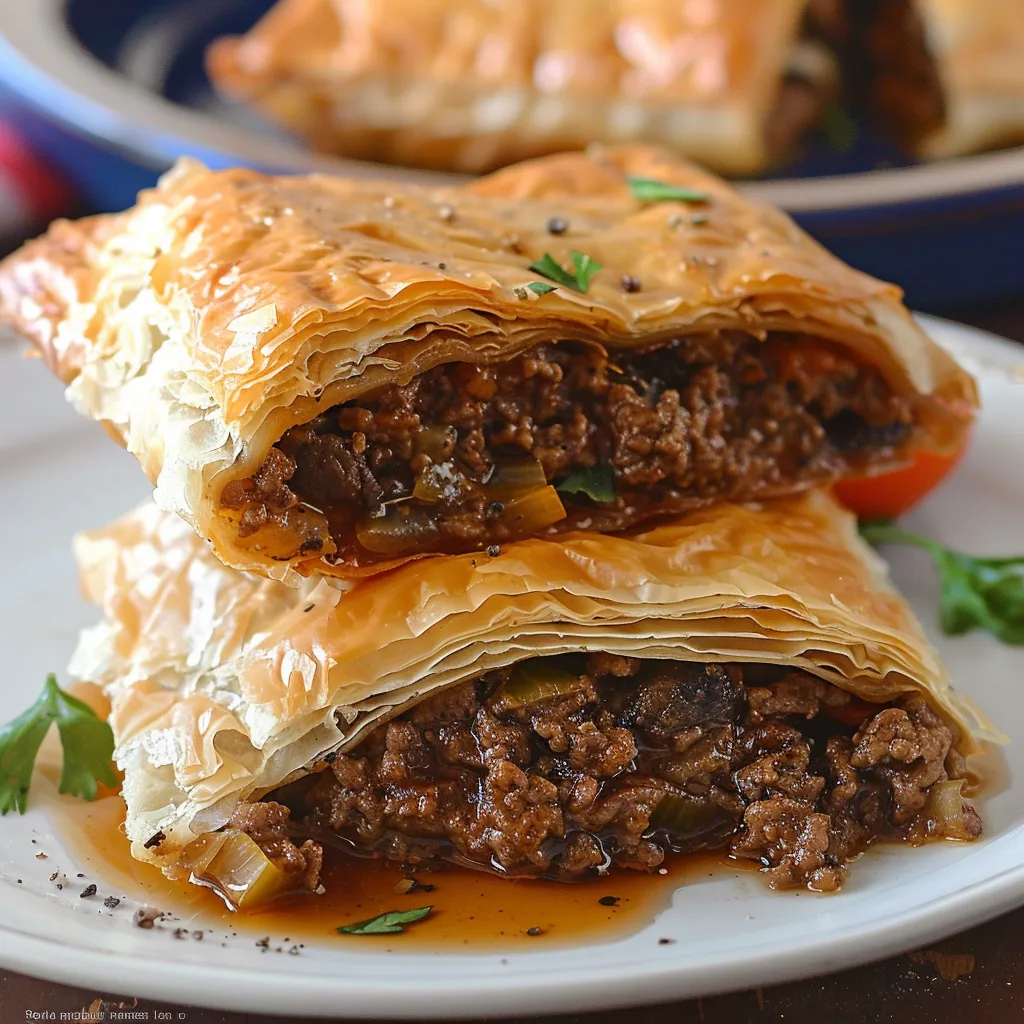 Two flaky pastries stuffed with flavorful meat and veggies, served on a white plate.