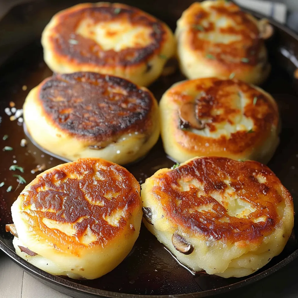 A pan of food with a variety of foods, including mushrooms and potatoes.