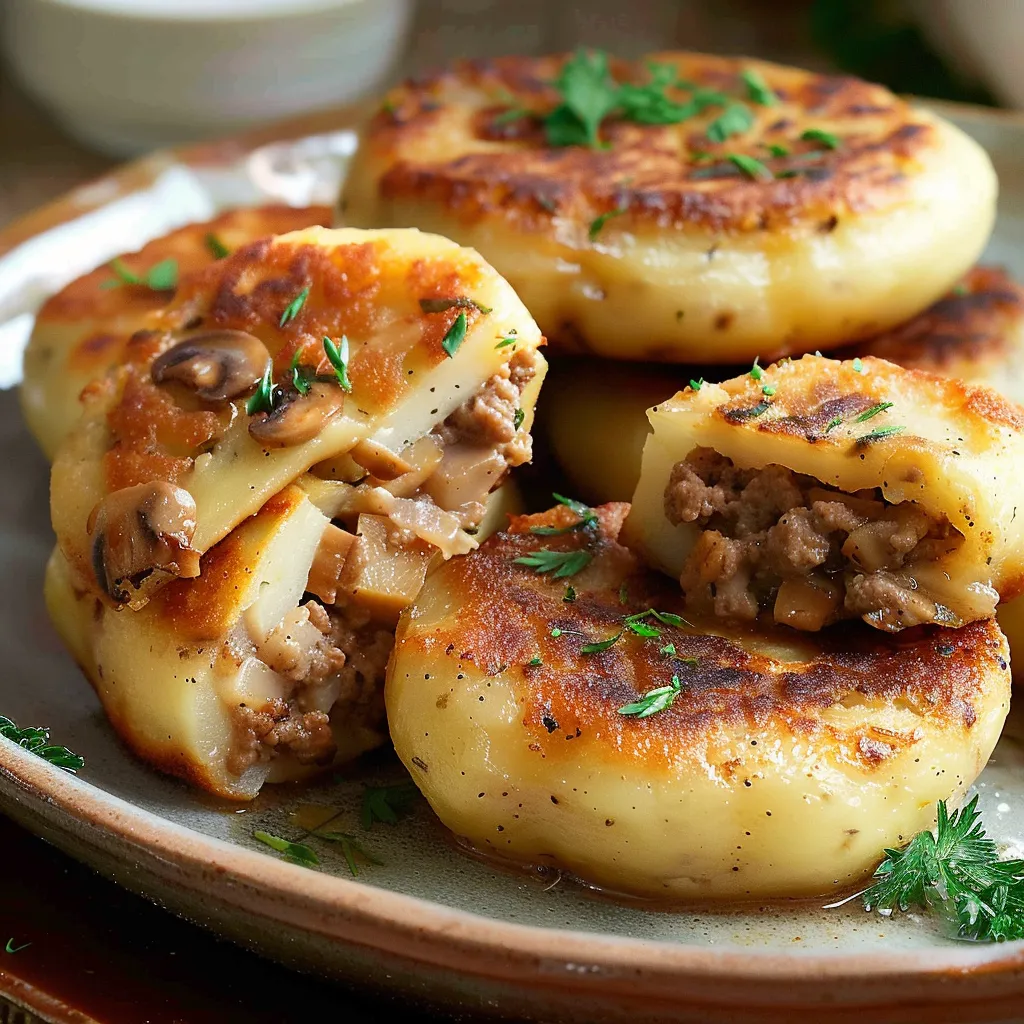 A plate of food with meat and mushrooms on top.