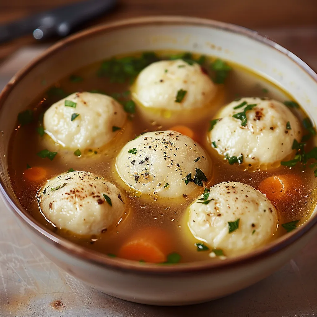 Warm soup with matzo balls and vegetables.