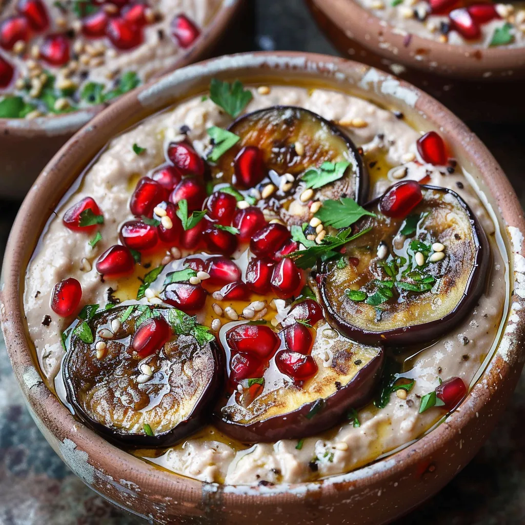 A bowl of smoky eggplant spread with pomegranate on top.