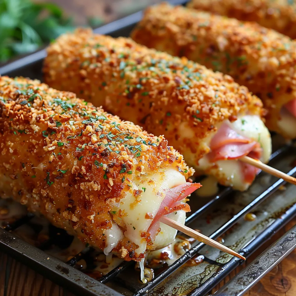 A tasty dish of melted cheese and ham served on a stick.