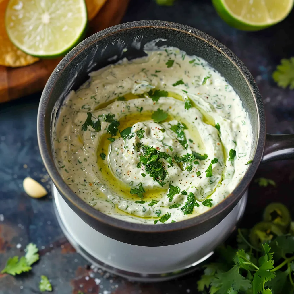 A bowl of dip with lime wedges on the side.