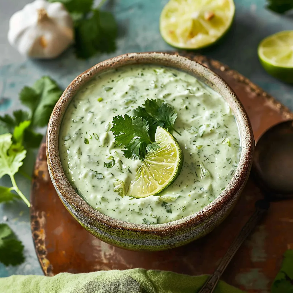 A bowl of green soup with a lime wedge on top.