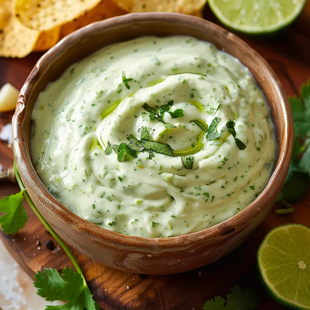 A bowl of dip topped with herbs, served with a lime slice and tortilla chip.