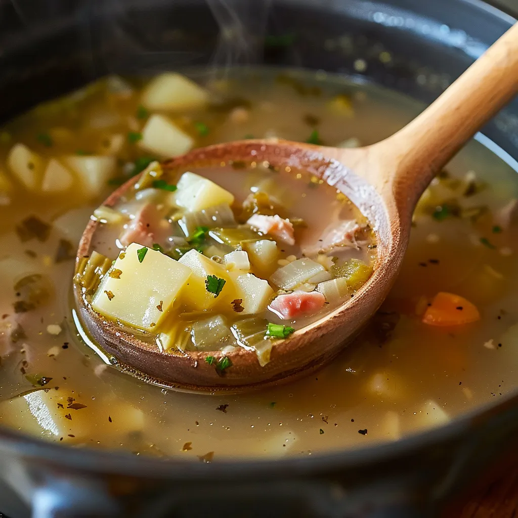 A wooden spoon scooping soup filled with carrots and potatoes from a bowl.