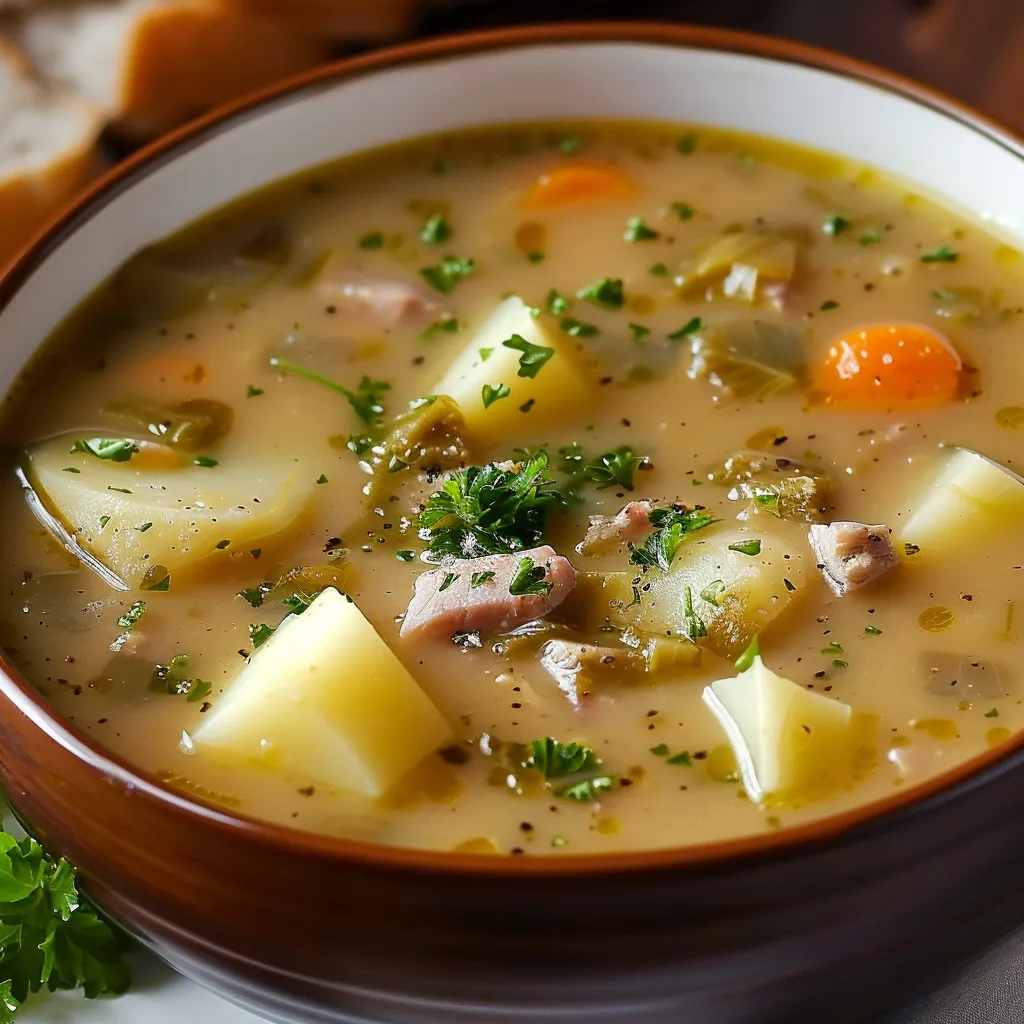 A bowl of soup with vegetables and meat in it.