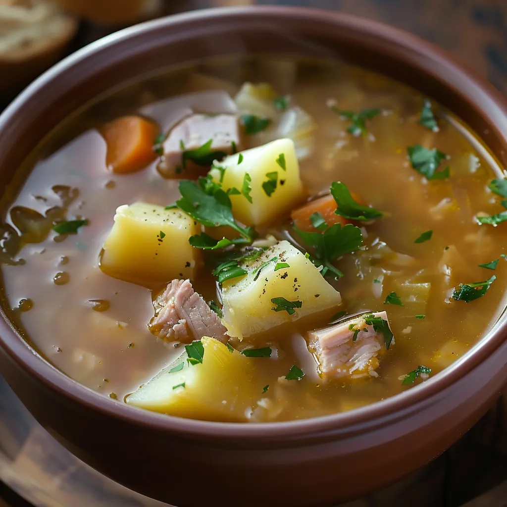A bowl of soup with vegetables and meat in it.