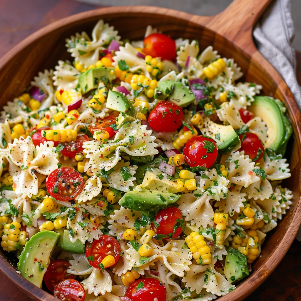 Pasta with corn, tomatoes, and avocado in a bowl.