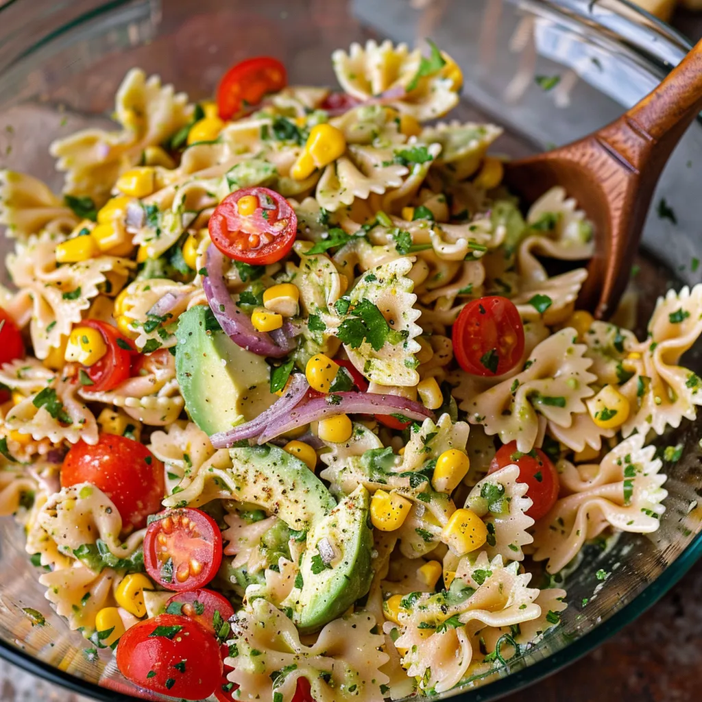 A bowl of pasta with tomatoes, corn, and avocado.