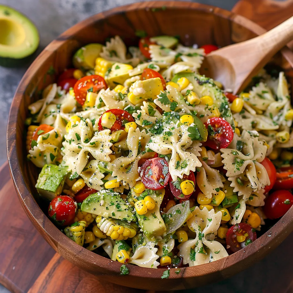 A bowl of pasta with tomatoes, corn, and avocado.