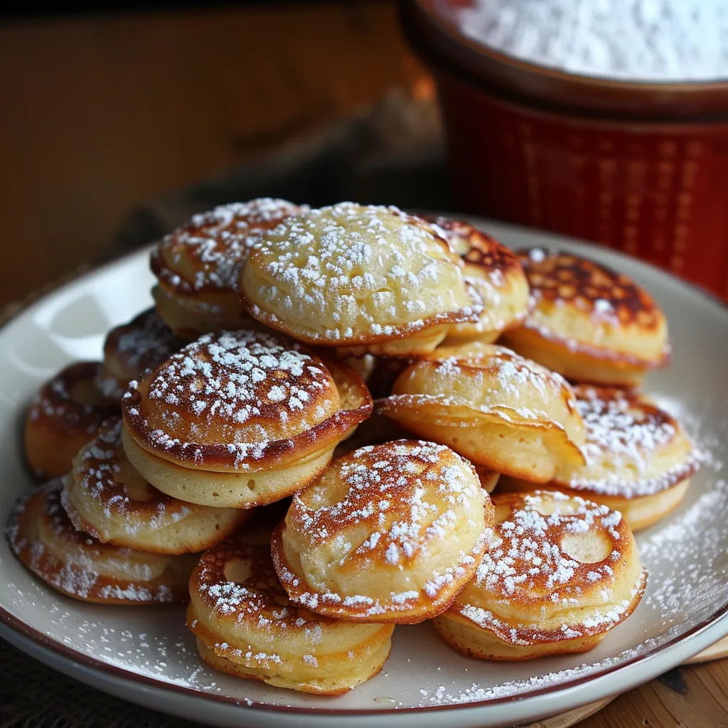 A plate stacked with fluffy tiny pancakes dusted with powdered sugar.
