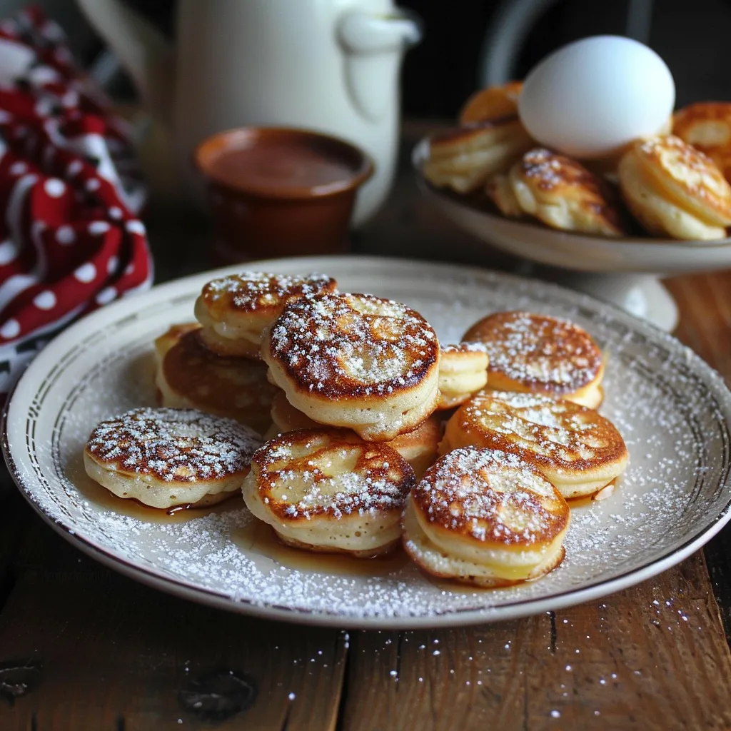 A plate of pancakes with powdered sugar on top.