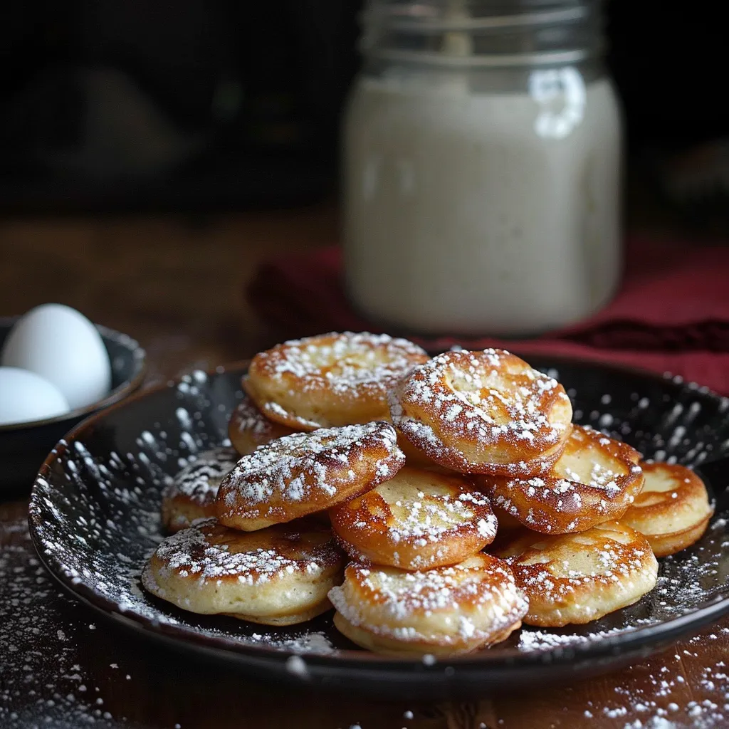 A plate of powdered doughnuts sits on a table next to a jar of butter.