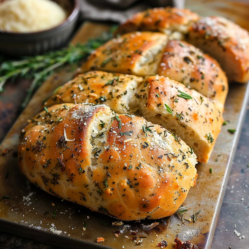 Golden bread topped with fresh herbs.