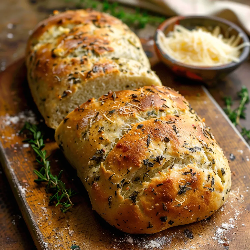 Two loaves of bread with herbs on a wooden board.
