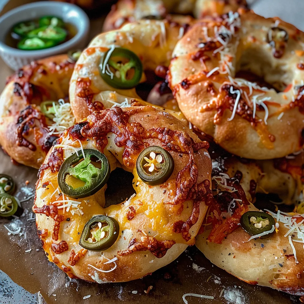 Bagels with gooey cheddar and jalapeño sitting on a plate.