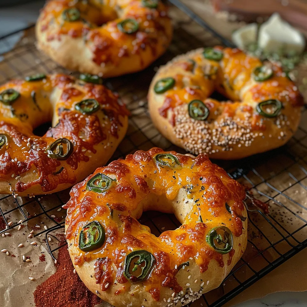 A tray of cheese and jalapeno bagels.