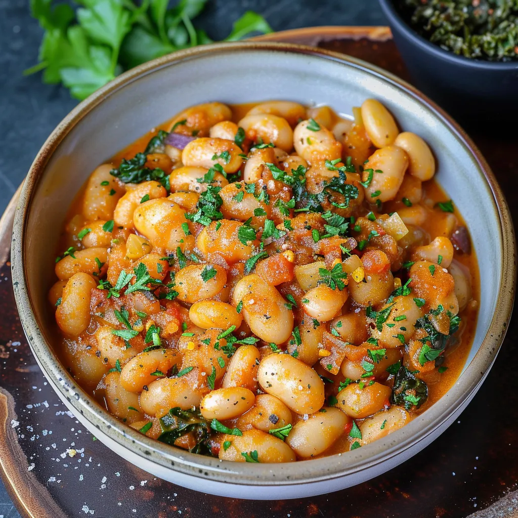 A bowl of beans with herbs and spices, ready to be eaten.