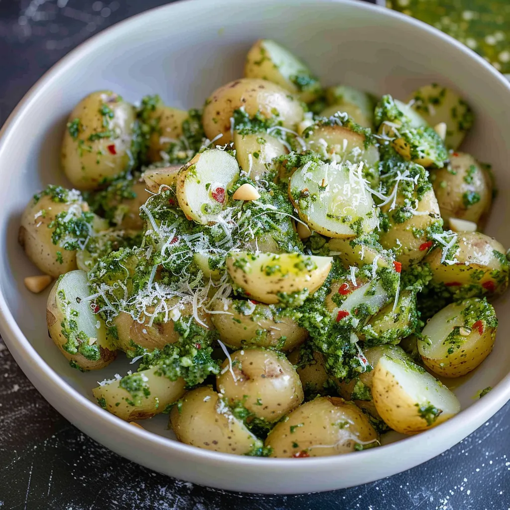 A bowl of potatoes with greens and cheese.