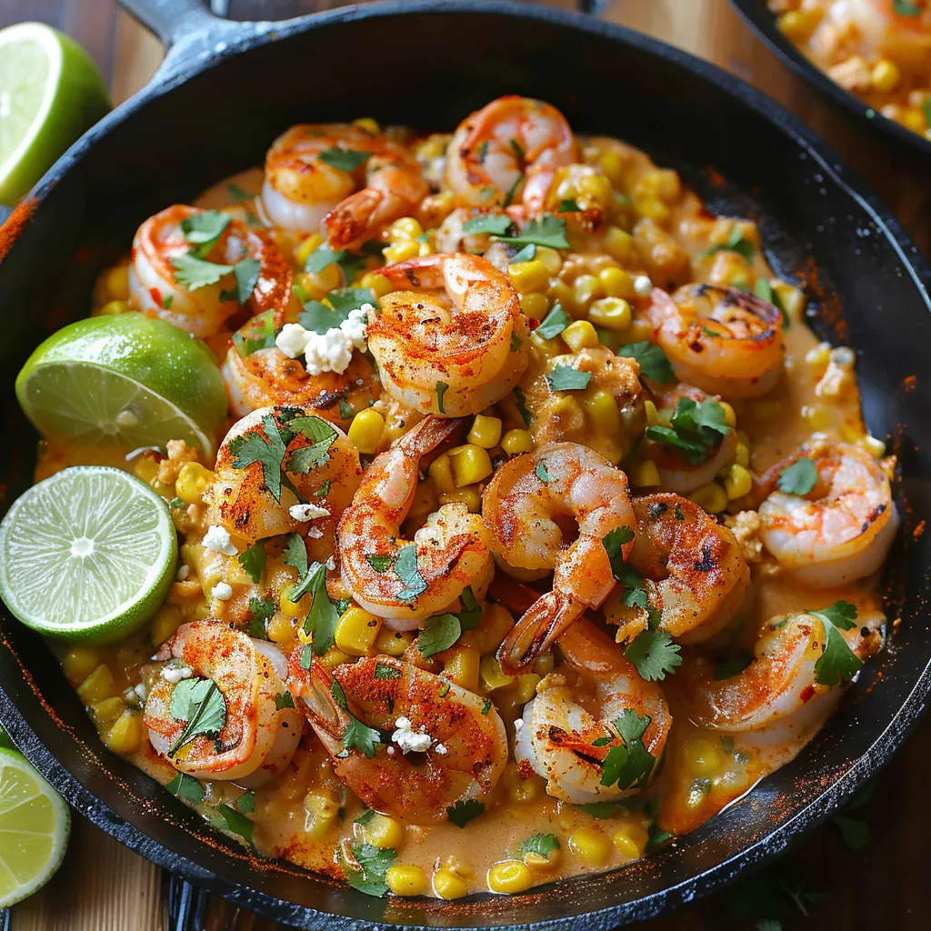 A pan of shrimp and corn sits on a table.