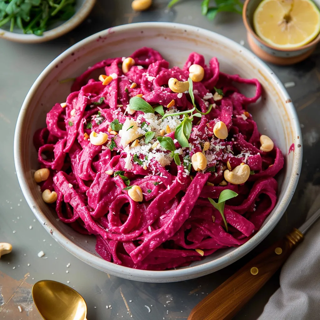 A bowl of pasta with pink sauce and nuts.