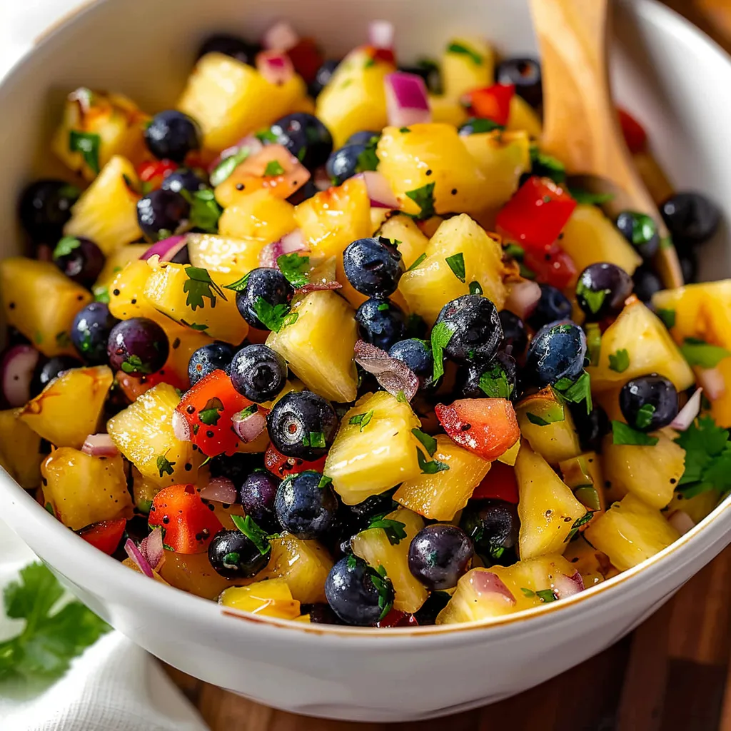 A bowl of pineapple and blueberries with extra fruit pieces.
