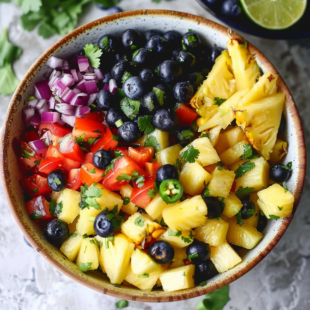 A bowl of fruit with blueberries, pineapple, and lime.
