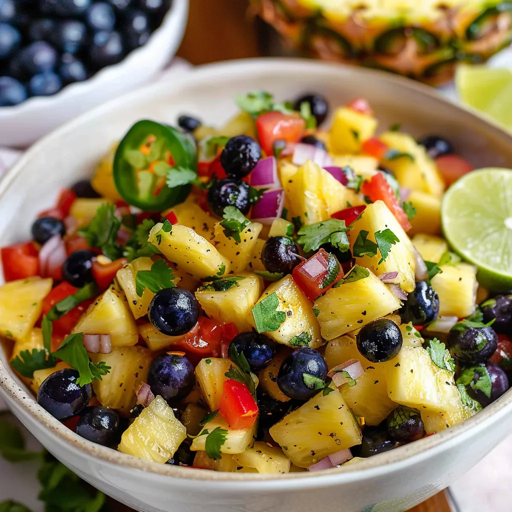 A bowl of fruit with blueberries, pineapple, lime, and other fruits.