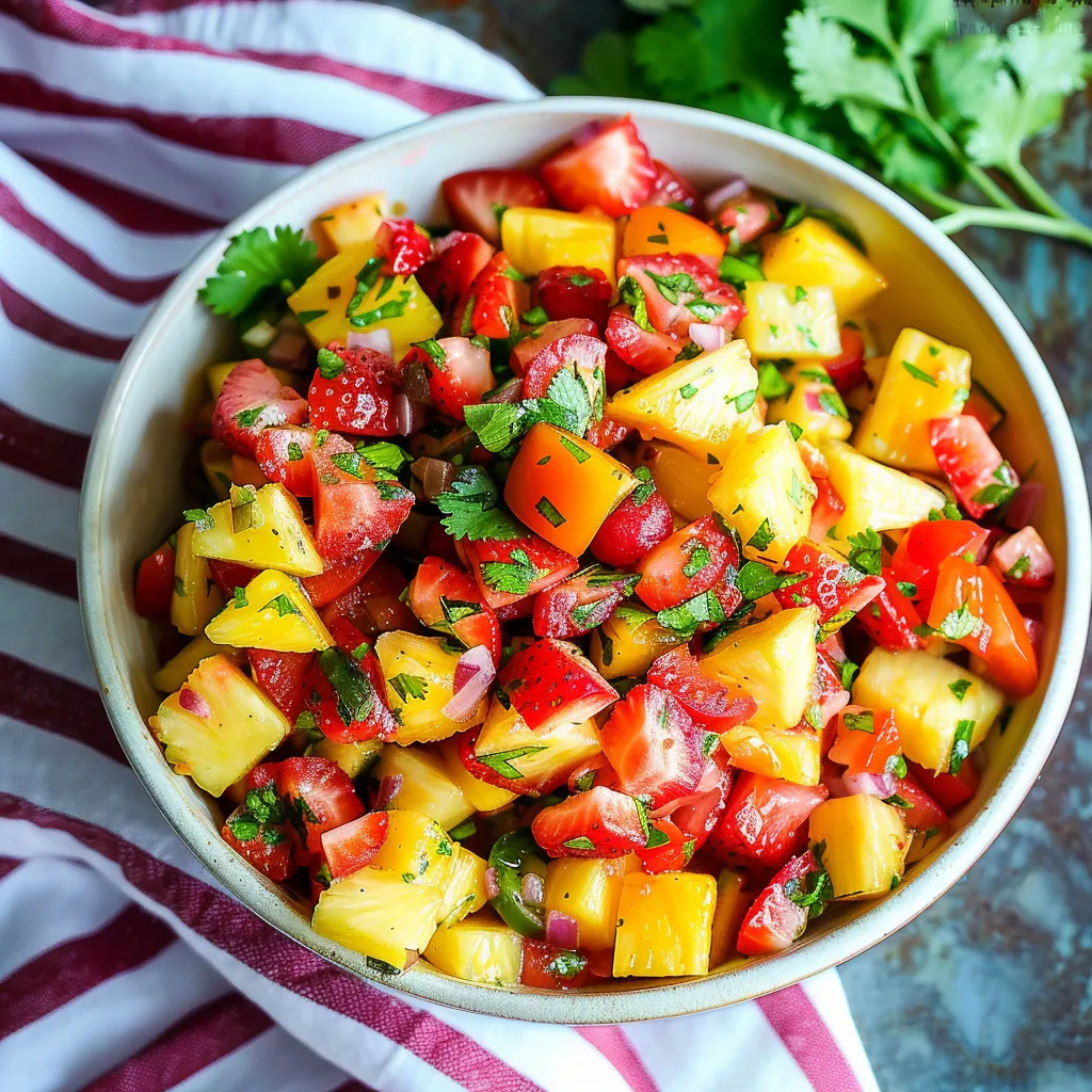 A colorful bowl filled with pineapple, strawberries, tomatoes, and cilantro.