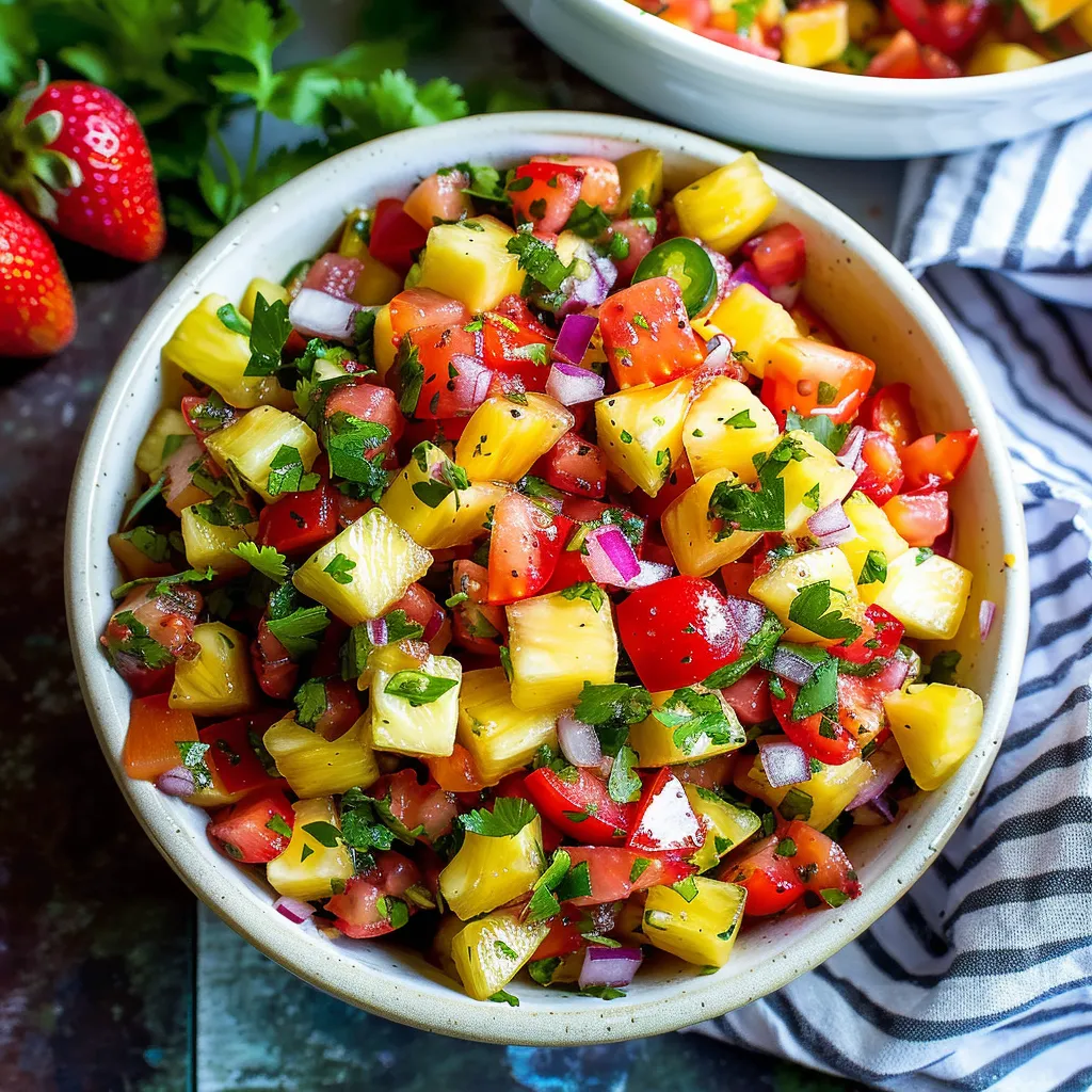 A bowl of fruit salad with strawberries, pineapple, and tomatoes.
