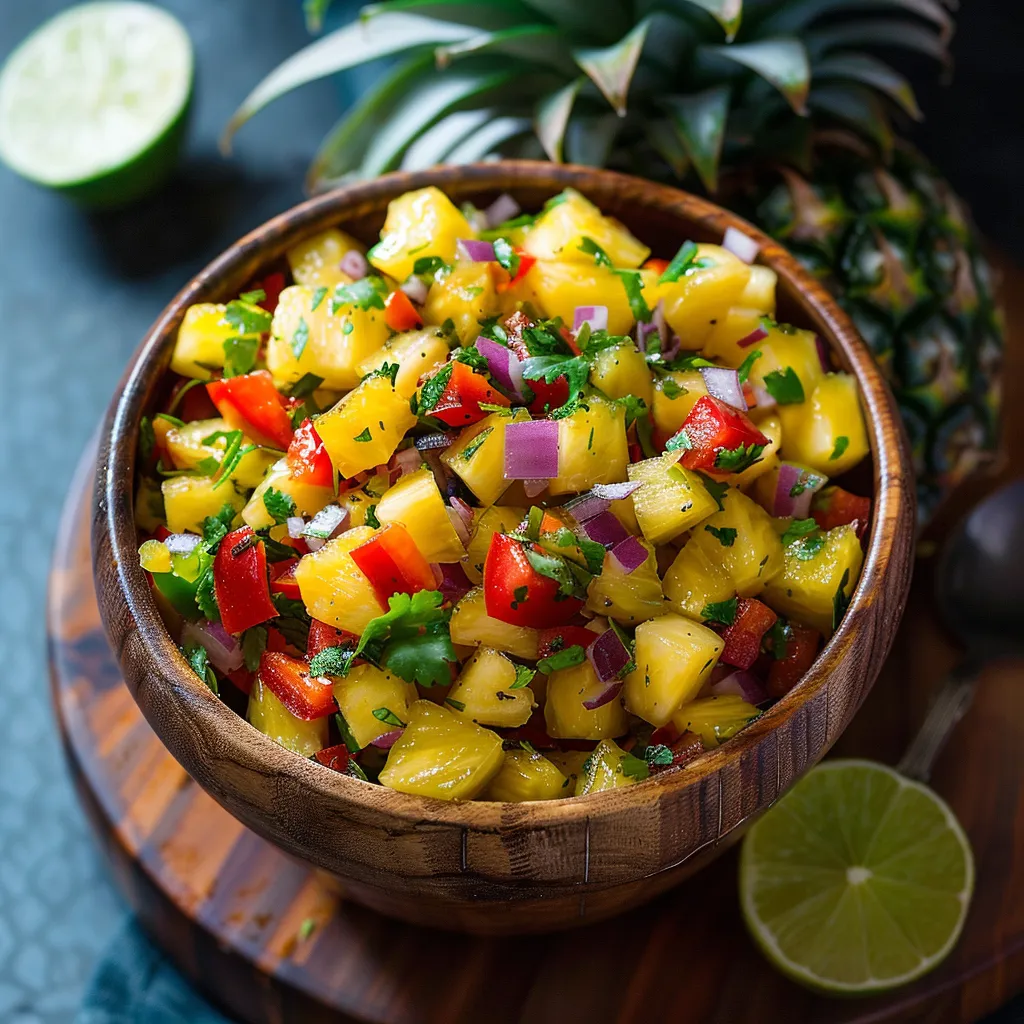 A bowl of fruit salad with limes and pineapple.