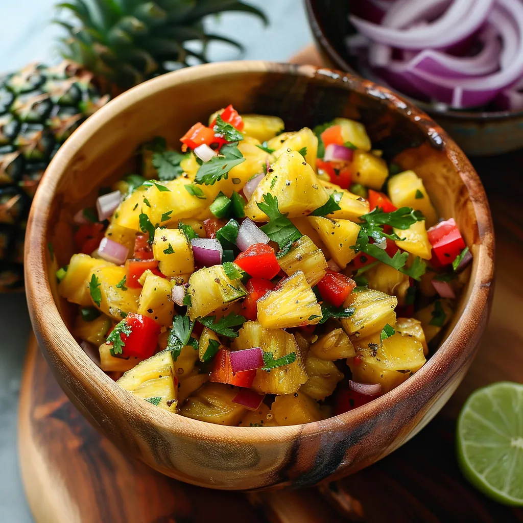 A bowl of food with a pineapple on the side.