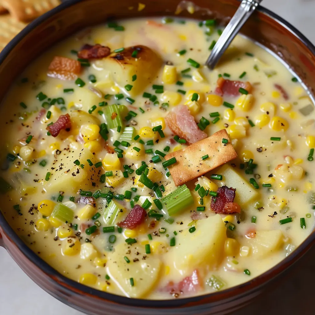A comforting bowl full of chowder with corn and potatoes.