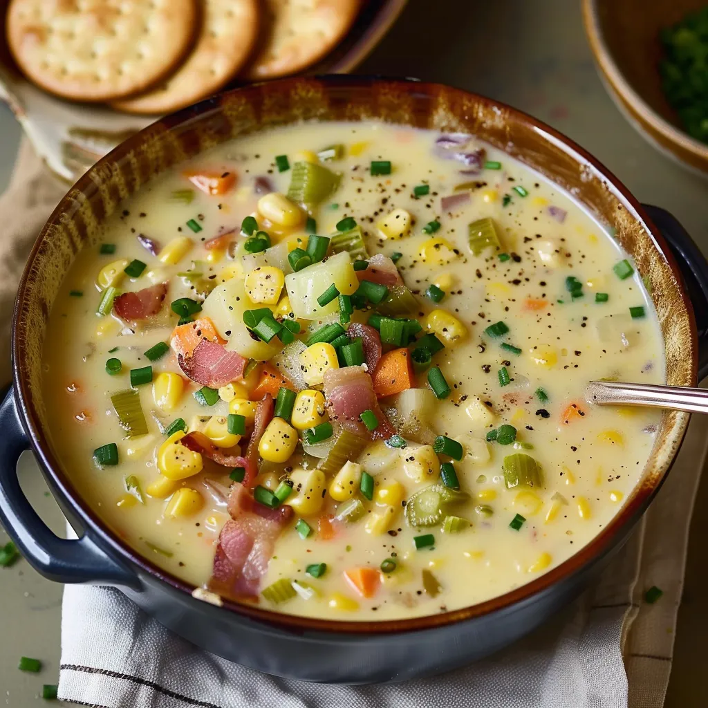 A bowl of soup with vegetables and crackers.