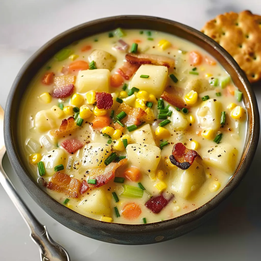 A bowl of soup with bacon and corn.