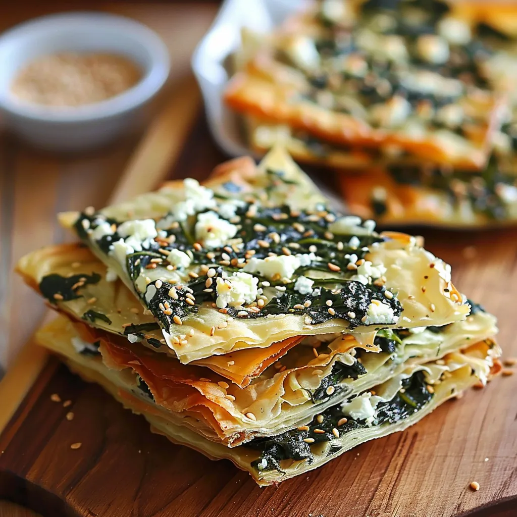 Some flaky triangles with green fillings on a wooden board.