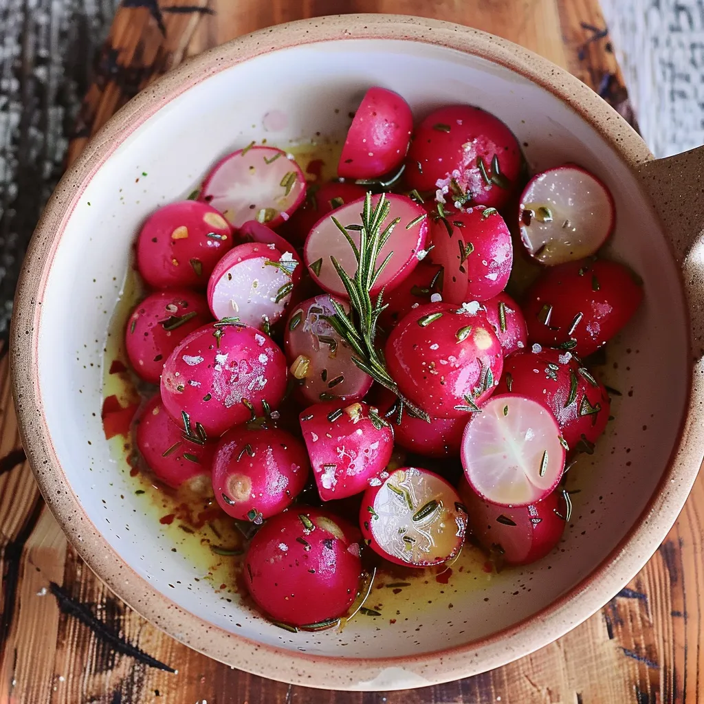 A bowl of vegetables with herbs and oil.