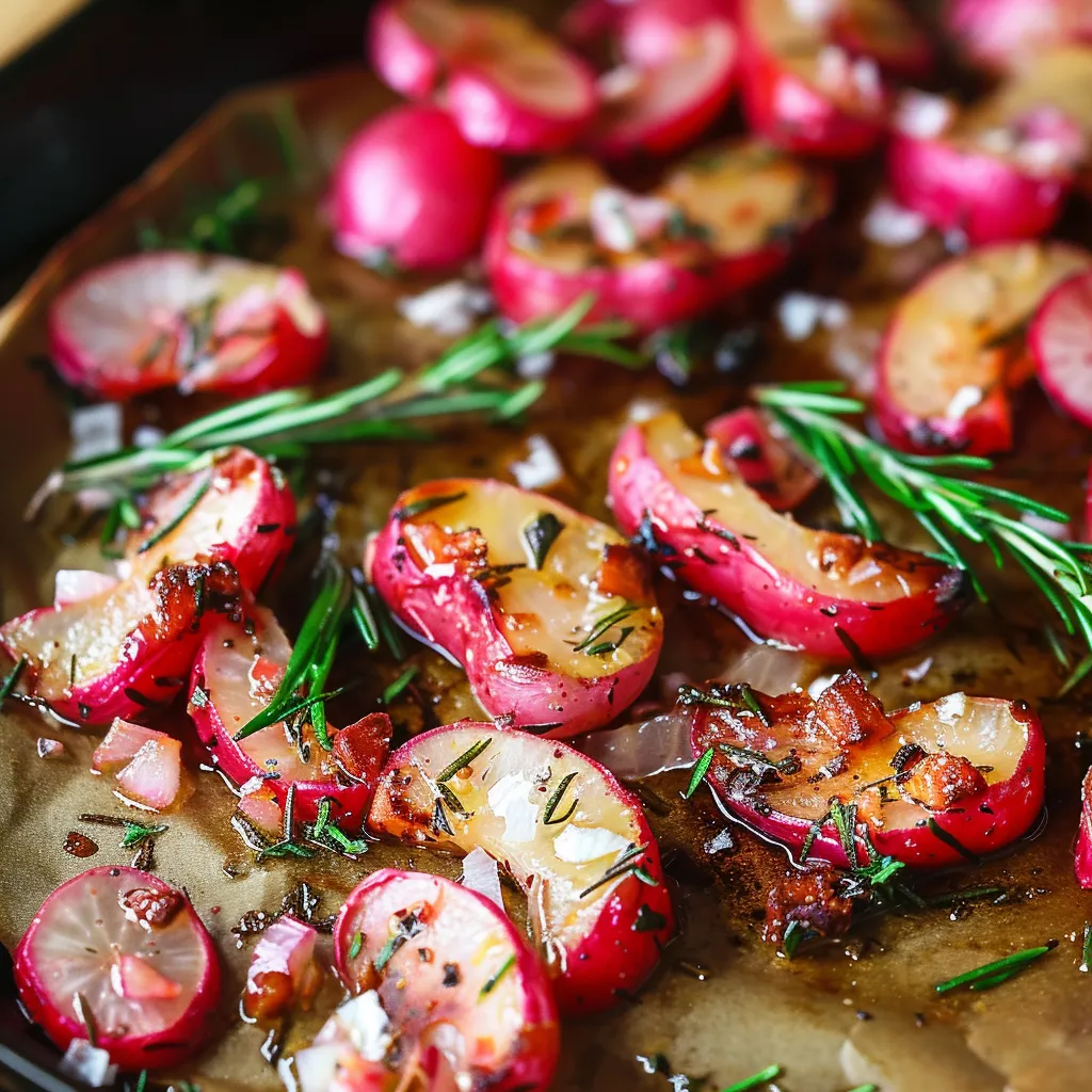 A tray of roasted radishes with herbs and onions.