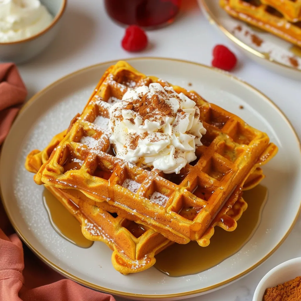 Waffles topped with whipped cream, berries and syrup.