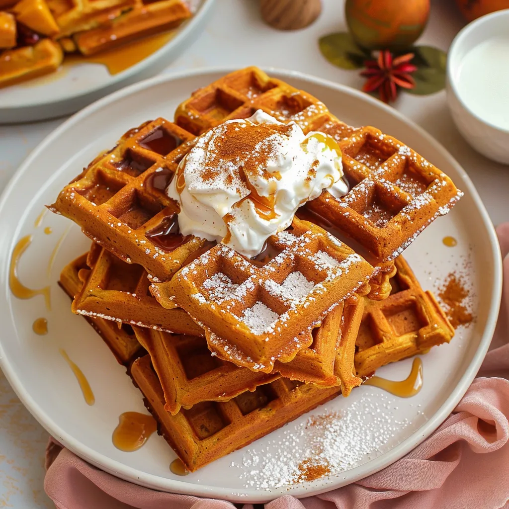 A plate of waffles with whipped cream and syrup.