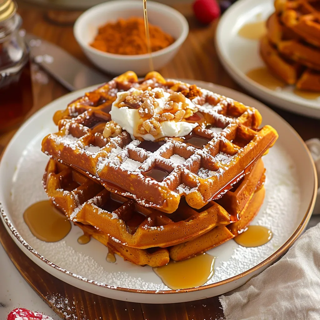 A stack of waffles with syrup and whipped cream.