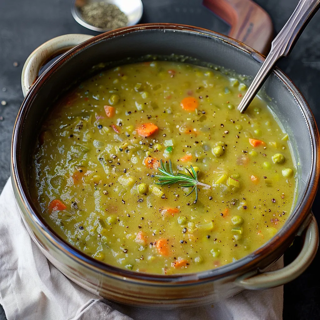 A bowl of soup with carrots and peas.