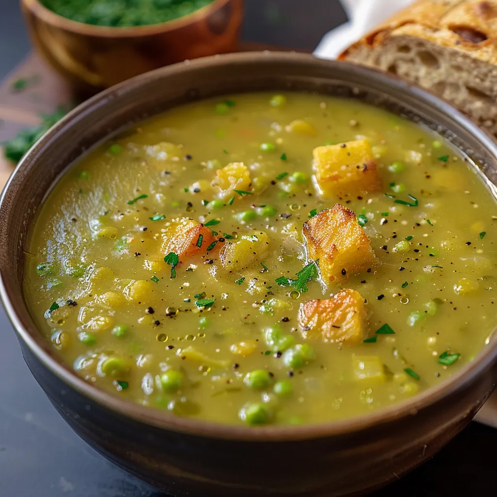 A bowl of hearty pea and vegetable soup.